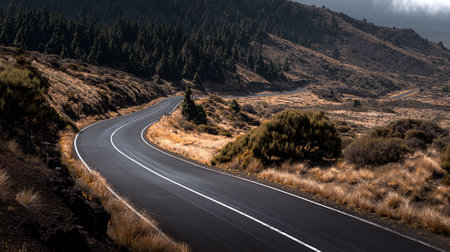 Asphalt ribbon through the mountains: A winding road in Tenerife's dramatic landscapeの素材