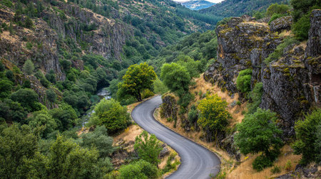 Scenic Winding Road Carving Through Rugged Landscape With Lush Vegetation.の素材