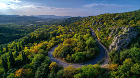 A winding road through a lush green and yellow autumn landscape.の素材