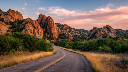 Scenic Route at Sunset: A Winding Road Through Majestic Red Rock Formationsの素材