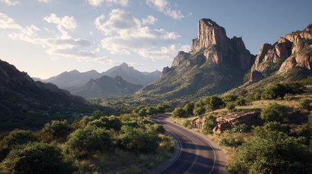 Scenic Mountain Road Adventure through Rugged Landscape on a Sunny Dayの素材