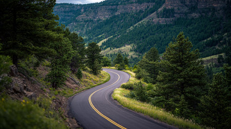 Scenic Mountain Road with Dense Forest Landscape and Overcast Skyの素材