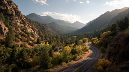 Scenic Mountain Road: A Journey Through Autumnal Landscapes Under a Clear Skyの素材