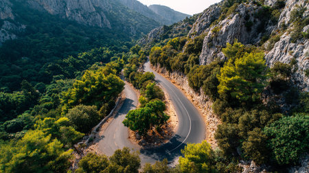 Winding road through the mountains, showcasing a scenic view in nature.の素材