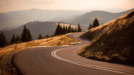 Scenic Winding Mountain Road at Sunset with Golden Grass Hillsidesの素材
