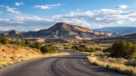 Scenic Asphalt Road Through a Desert Landscape with Mountain Views and Cloudy Skyの素材