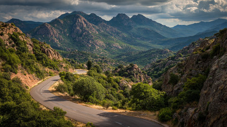 Scenic Mountain Road in Corsica Landscape Under Dramatic Cloudy Skyの素材