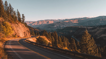 Winding Asphalt Road Through Mountainous Landscape During Golden Hour, Oregon Sceneryの素材
