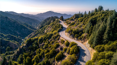 Winding Mountain Road Cuts Through Green Hills Under A Clear Blue Skyの素材