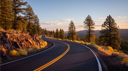 Serpentine Road Through a Forest at Sunset, with Dramatic Skyの素材
