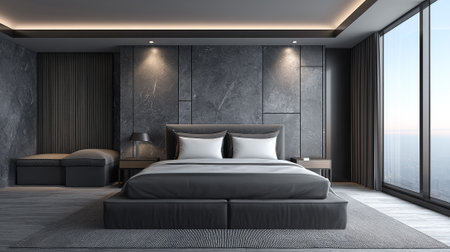 Elegant Bedroom Interior with Dark Gray Accents and Cityscape Viewの素材