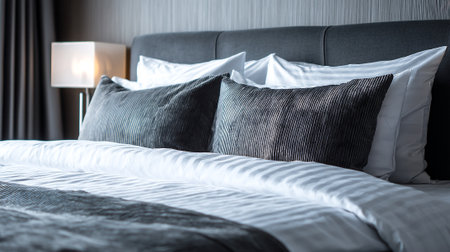 Luxurious Comfort: Plush Pillows and Striped Bedding in a Modern Bedroomの素材