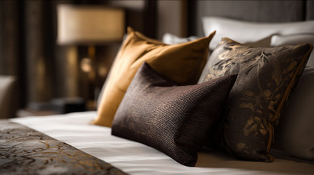 Luxurious Hotel Room Bedding with Decorative Pillows and Soft Lightingの素材