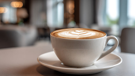 Latte art heart in speckled ceramic cup on neutral colored table.の素材