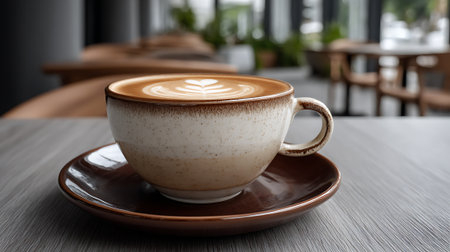 Latte Art in a Rustic Cup on a Wooden Table, Cafe Sceneの素材