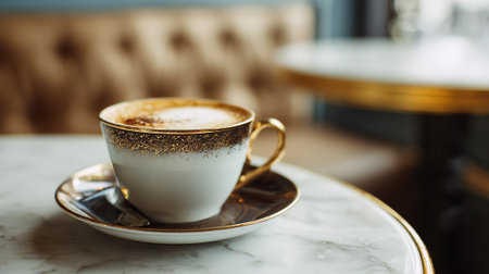 Elegant cappuccino served in luxurious, decorative cup on marble tableの素材