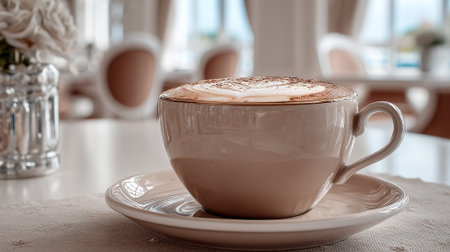 Elegant Cappuccino with Latte Art on a Light-Filled Tableの素材