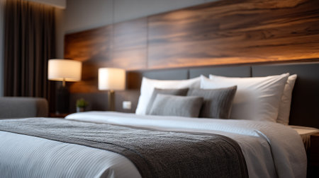 Luxurious Hotel Room Bed with Stylish Design and Comfortable Pillows Setupの素材