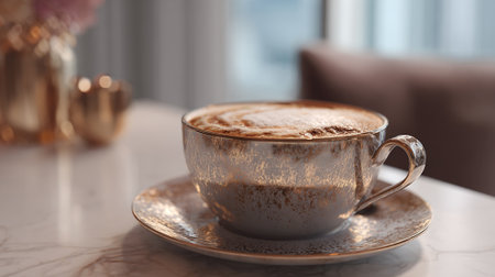 Elegant Coffee Cup with Golden Details on Marble Tableの素材