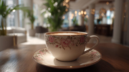 Elegant floral cup of cappuccino artfully displayed in a bright and airy settingの素材