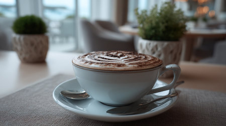 Elegant latte art coffee in a bright restaurant setting, a cozy morning.の素材