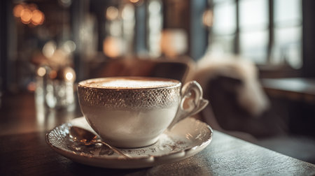Elegant Coffee Cup with Golden Details at a Cozy Cafe Settingの素材