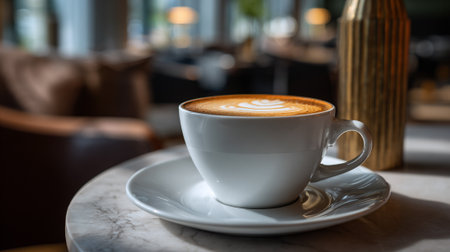Elegant Latte Art on Marble Table in a Relaxing Cafe Settingの素材