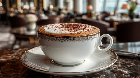 Elegant Cappuccino Delight in a Sophisticated Cafe Settingの素材