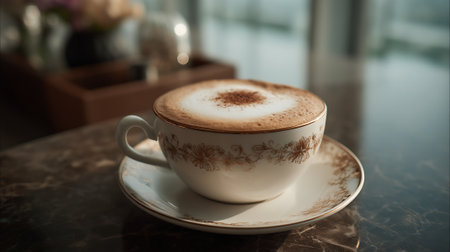 Cappuccino Delight: Elegant Floral Cup with Frothy Coffee on Marble Tableの素材