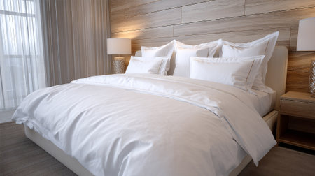 Luxurious and inviting hotel style bedroom with elegant white bedding arrangement.の素材