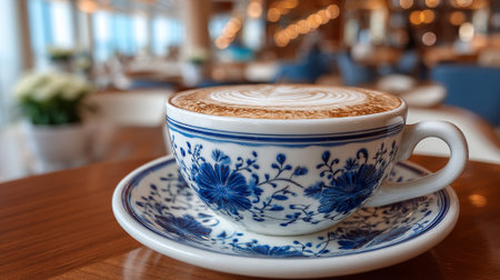 Elegant Coffee Cup with Latte Art on a Wooden Tableの素材