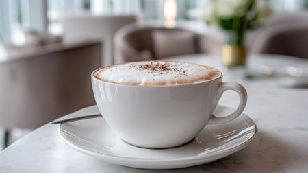 Cappuccino Delight: Frothy Coffee Drink in Elegant Cafe Settingの素材