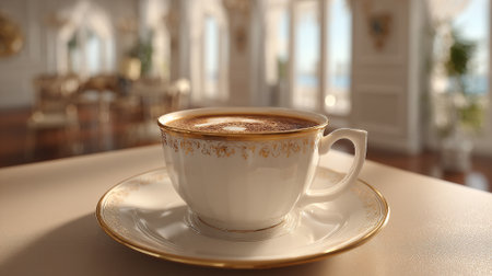 Elegant Coffee Cup with Gold Trim in Luxurious Room Settingの素材