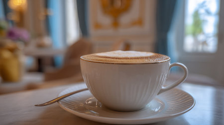Elegant Cappuccino in White Cup with Golden Trim in Sophisticated Settingの素材