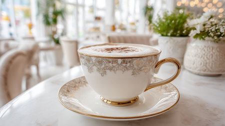 Elegant cappuccino cup with golden details on a marble tableの素材