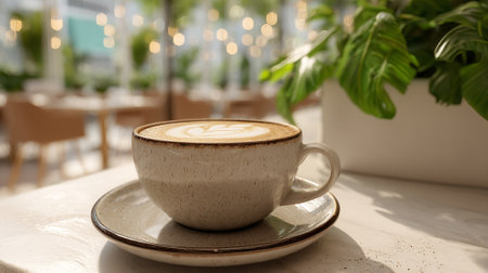 Latte Art Coffee Cup on Table in Cafe with Plantsの素材