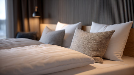 Serene Bedroom with Pillows and Subtle Lighting for Relaxation and Comfortの素材