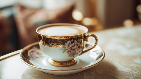 Exquisite Floral Cup of Cappuccino on Elegant Tablecloth in Soft Lightの素材
