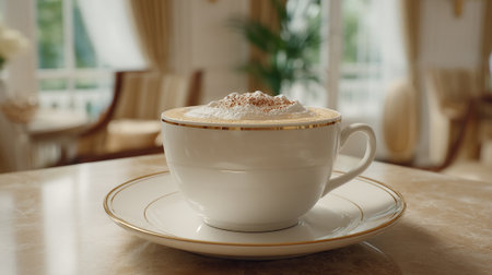 Elegant Cappuccino with Whipped Cream on a Marble Table Indoorsの素材