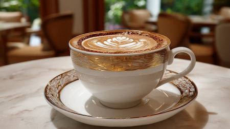 Exquisite Coffee Creation: Latte Art in a Luxurious Cup and Saucerの素材