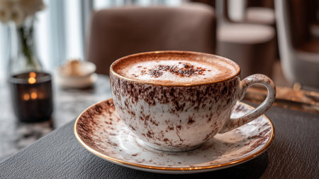 Elegant Cappuccino in Designer Cup at Cozy Cafe Ambienceの素材