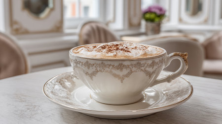 Elegant Cappuccino in Ornate Cup on Table in Luxurious Settingの素材