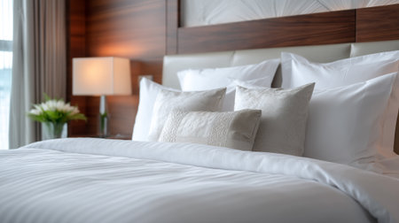 Luxuriously Appointed Hotel Room Bedding Featuring Fluffy Pillows and Elegant Designの素材