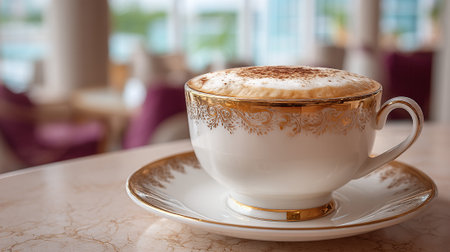 Elegant Coffee Cup with Golden Details on a Marble Tabletopの素材