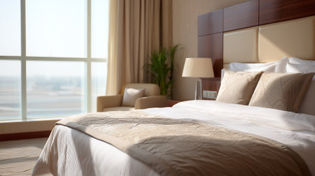 Elegant hotel bedroom interior with large window providing abundant natural lightの素材