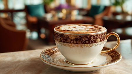 Elegant cappuccino with latte art in ornate golden cup on marble tableの素材