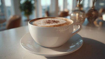 Warm Cappuccino in White Cup: A Morning Coffee Delightの素材