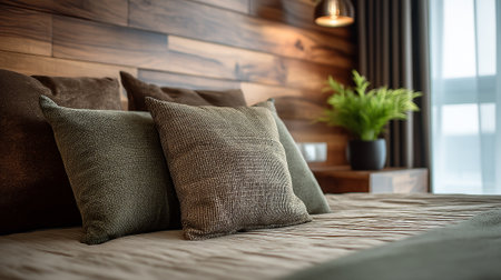 Inviting bedroom interior featuring textured pillows, wooden wall, and soft natural lightの素材