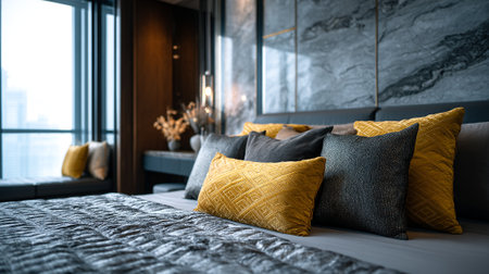 Stylish Bedroom Interior Featuring Decorative Pillows and a Modern Design Aestheticの素材