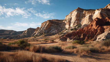 Majestic desert landscape showcases rugged mountains under a bright blue sky.の素材